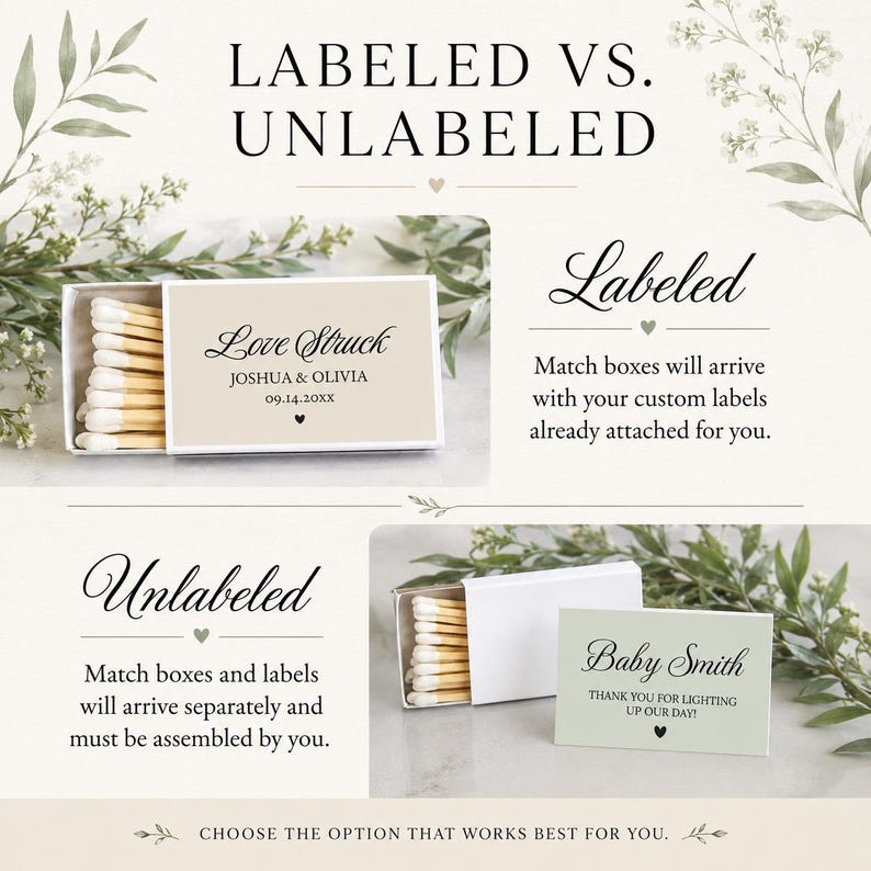 Peut inclure: Un graphique comparatif montrant des bo&icirc;tes d'allumettes &eacute;tiquet&eacute;es et non &eacute;tiquet&eacute;es. L'option &eacute;tiquet&eacute;e pr&eacute;sente une bo&icirc;te beige avec 'Love Struck', 'JOSHUA & OLIVIA' et '09.14.20XX'. L'option non &eacute;tiquet&eacute;e montre une bo&icirc;te blanche et une &eacute;tiquette vert sauge s&eacute;par&eacute;e avec le texte 'Baby Smith' et 'THANK YOU FOR LIGHTING UP OUR DAY!'.