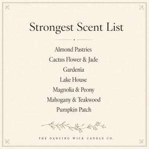 May include: A square sign with a cream background and dark brown text titled Strongest Scent List. The list includes Almond Pastries, Cactus Flower & Jade, Gardenia, Lake House, Magnolia & Peony, Mahogany & Teakwood, and Pumpkin Patch, with The Dancing Wick Candle Co. at the bottom.