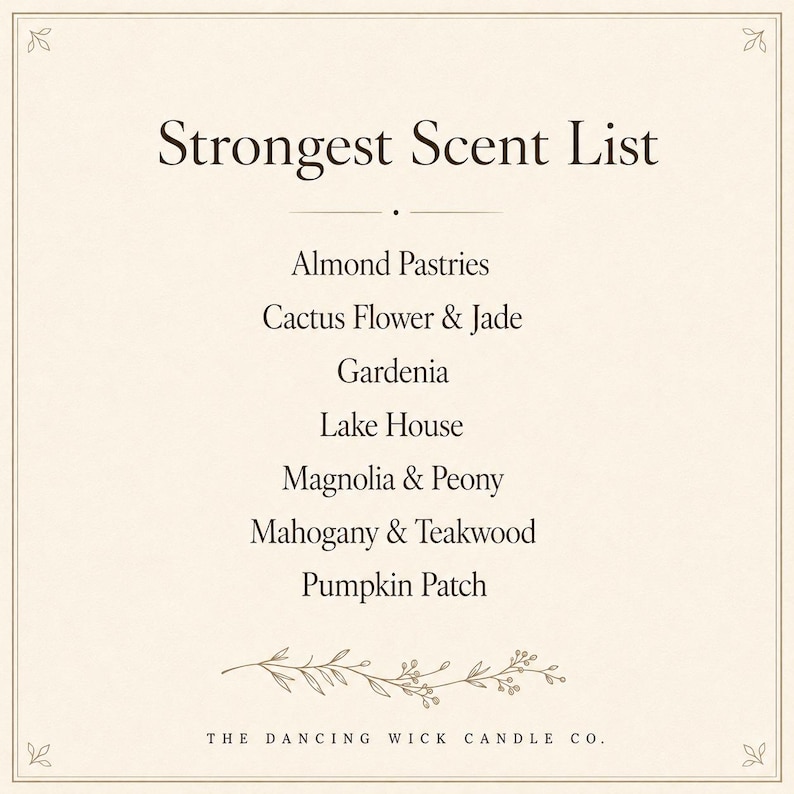 May include: A square sign with a cream background and dark brown text titled Strongest Scent List. The list includes Almond Pastries, Cactus Flower & Jade, Gardenia, Lake House, Magnolia & Peony, Mahogany & Teakwood, and Pumpkin Patch, with The Dancing Wick Candle Co. at the bottom.