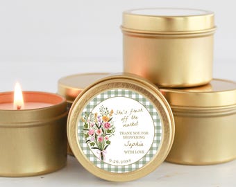 Fresh Off The Market Candle Favors, Bridal Shower Gift, Farmers Market Wedding, Floral Gingham Tin, Garden Party Favor