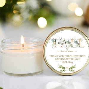 Falling in love Bridal Shower Favors / Personalized 4oz. Candle Favors / Baby Shower / White Pumpkin, Gold & Greenery / Thank you for Guests