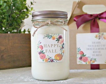 Happy Fall Candle / Fall Gift Idea / Fall Decor / Rustic Decor / Farmhouse Decor Pure Soy / Autumn Candle / Hand Poured / Mason Jar Candle