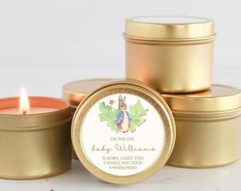 Peter Rabbit Baby Shower Favors | Set of 10 Personalised Candle Tins | Spring Baby Shower | Bulk Party Favors for Guests