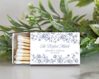Blue Toile Wedding Matchboxes | Personalized The Perfect Match Favor | French Country Bridal Shower | Dusty Blue Wedding Matches