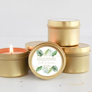 Tropical Wedding Favors / Bulk Candle Favors for Guests / Set of 10 Candle Favors / Palm Leaf Favors / Destination Wedding / Candle Tins