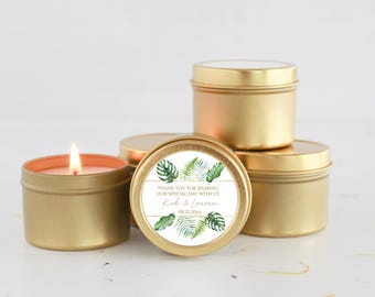 Tropical Wedding Favors / Bulk Candle Favors for Guests / Set of 10 Candle Favors / Palm Leaf Favors / Destination Wedding / Candle Tins