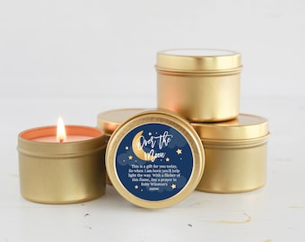 Over the Moon Baby Shower Favors  / For Guests in Bulk  /  Candle Favors / Baby Boy / Baby Girl / Gold Tins / Set of 10 / Personalized