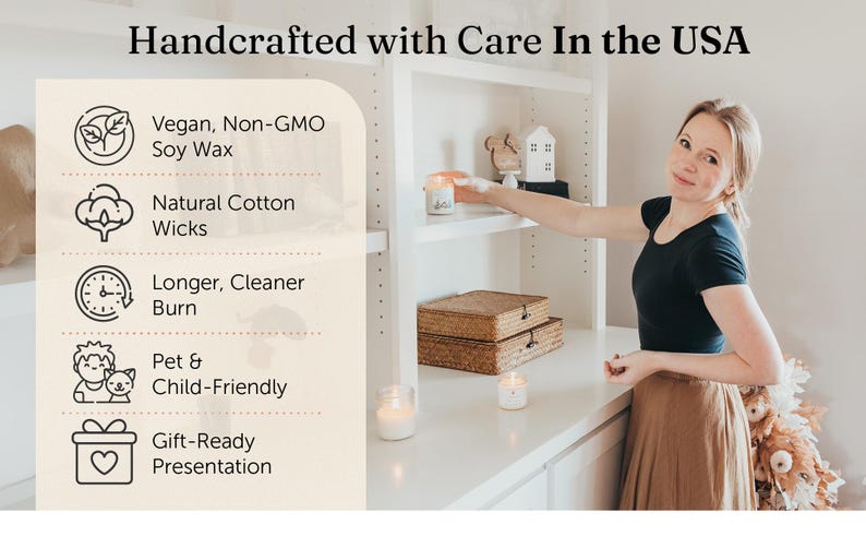 May include: A white shelf with candles and decorative items. The shelf is labeled with the text "Handcrafted with Care In the USA". Below the shelf is a list of features of the candles, including "Vegan, Non-GMO Soy Wax", "Natural Cotton Wicks", "Longer, Cleaner Burn", "Pet & Child-Friendly", and "Gift-Ready Presentation".