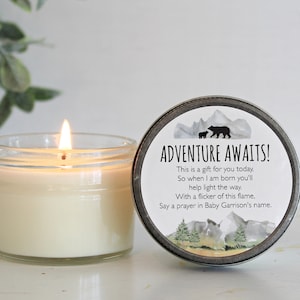 Adventure Baby Shower Favors / Adventure Awaits / Bulk  4 oz Candle Favors / Mountain Baby Shower / Boy Baby Shower / Forest Woodland