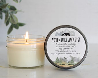 Adventure Baby Shower Favors / Adventure Awaits / Bulk  4 oz Candle Favors / Mountain Baby Shower / Boy Baby Shower / Forest Woodland