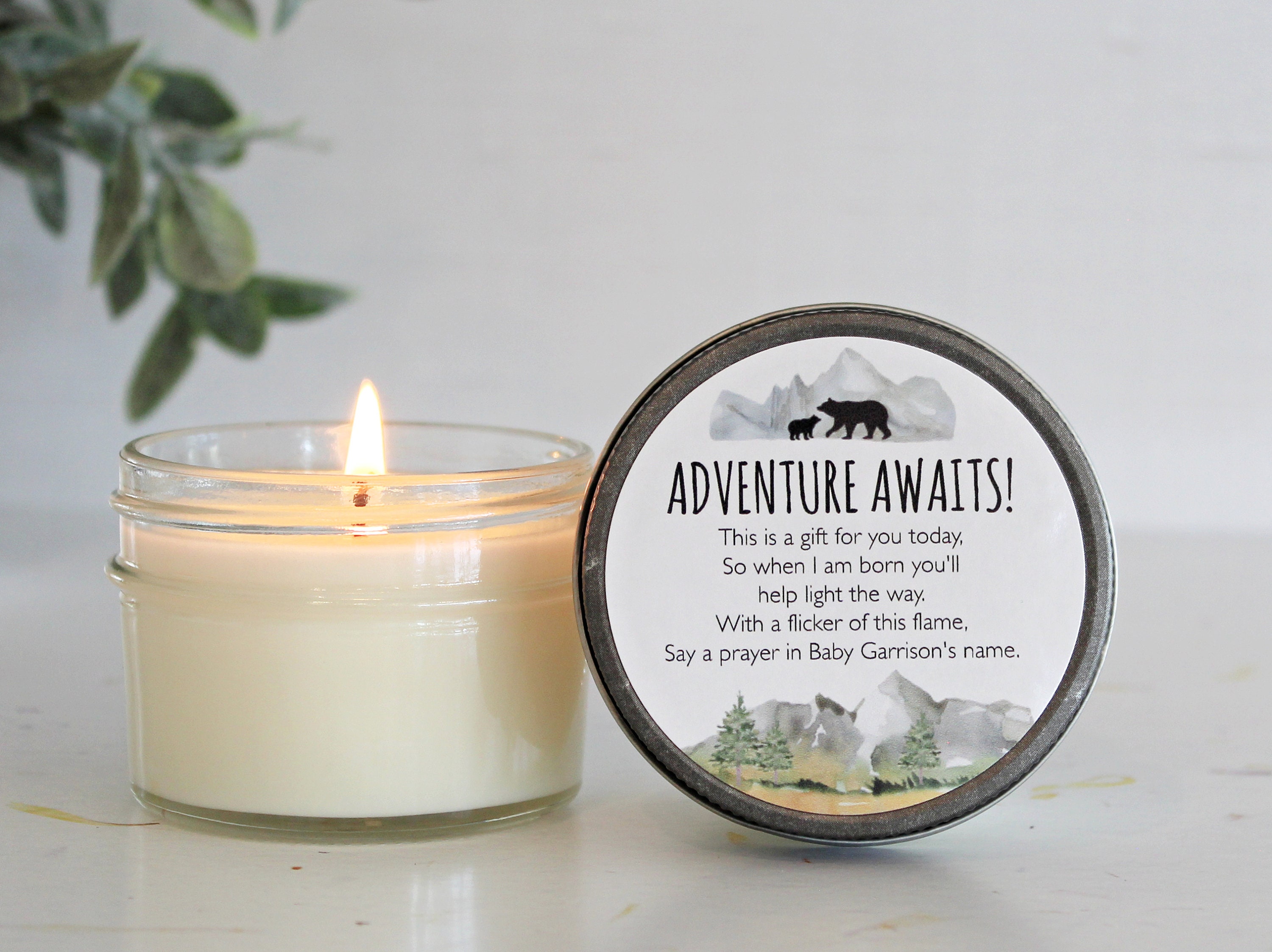 Adventure Baby Shower Favors / Adventure Awaits / Bulk  4 oz Candle Favors / Mountain Baby Shower / Boy Baby Shower / Forest Woodland