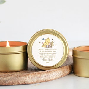 Winnie The Pooh Baby Shower Favors  / For Guests in Bulk  /  Candle Favors / Baby Boy / Baby Girl / Gold Tins / Set of 10 / Personalized