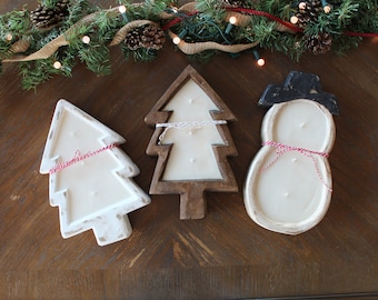 Christmas Wood Bowl Candle / Christmas Tree/ Snow Man / 3 wick  / Scented Dough Bowl  / Pure Soy Candle / Handpoured /Farmhouse Decor