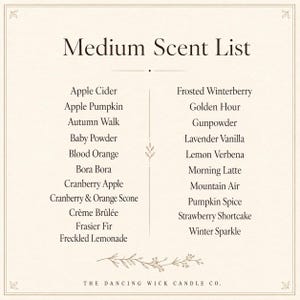 May include: A cream-colored informational sign titled Medium Scent List with a list of candle scents including Apple Cider, Apple Pumpkin, Autumn Walk, Baby Powder, Blood Orange, Bora Bora, Cranberry Apple, Cr&egrave;me Br&ucirc;l&eacute;e, Frasier Fir, and others.