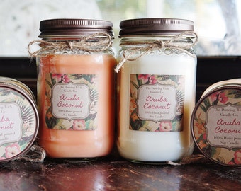 Aruba Coconut Pure Soy Candle //Large Pint 16 oz.// Half Pint 8 oz candle//Mason Jar Candle//Hand Poured//Tropical Candle