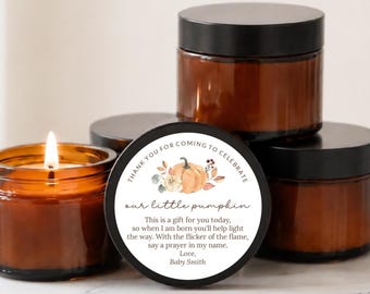 Little Pumpkin Baby Shower Favors | Personalized 1 oz & 2 oz Mini Soy Candles | Brown Glass Jars | Scent of Choice | Sets of 10 Bulk