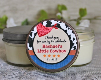 Cowboy Baby Shower Favor / Personalzied 4 oz candle Favors / Boy Baby Shower / Cowgirl Favor / Cowboy Birthday Favor / Western Baby Shower