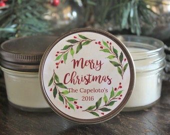 Personalized 4 oz. Holiday Favor Candle / Christmas Candle Favor / Rustic Christmas Gift / Christmas Party Favor / Berry Wreath Christmas