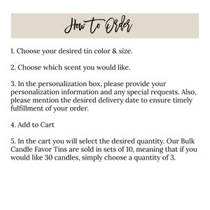K&ouml;nnte beinhalten: Bild mit Text, der die Bestellung erkl&auml;rt. Der Text beginnt mit "How to Order" und listet Schritte wie die Auswahl von Zinnfarbe und -gr&ouml;&szlig;e, Duft, die Angabe von Personalisierungsdetails, das Hinzuf&uuml;gen zum Warenkorb und die Auswahl der Menge auf. Die Schriftart ist schlicht.