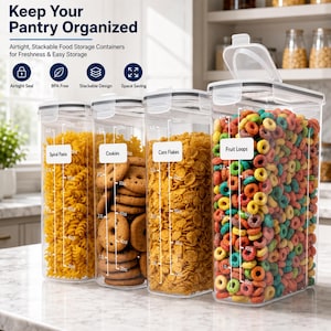 May include: Four clear, rectangular, stackable food storage containers with white airtight lids. Each container features printed measurement markings in liters and ounces, and a white label reading Spiral Pasta, Cookies, Corn Flakes, or Fruit Loops.