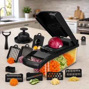 May include: A black vegetable chopper with a clear storage container filled with diced carrots, cucumbers, and onions. The set includes various interchangeable stainless steel blades, a peeler, and a press tool, with a red onion half on the main unit.
