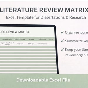 Może przedstawiać: Cyfrowy obraz szablonu Excela macierzy przeglądu literatury dla rozpraw doktorskich i badań. Ekran wyświetla tabelę z kolumnami dla autora, roku, celu badań, metodologii, próby, ograniczeń i notatek. Tekst zawiera "Organizuj artykuły z czasopism".