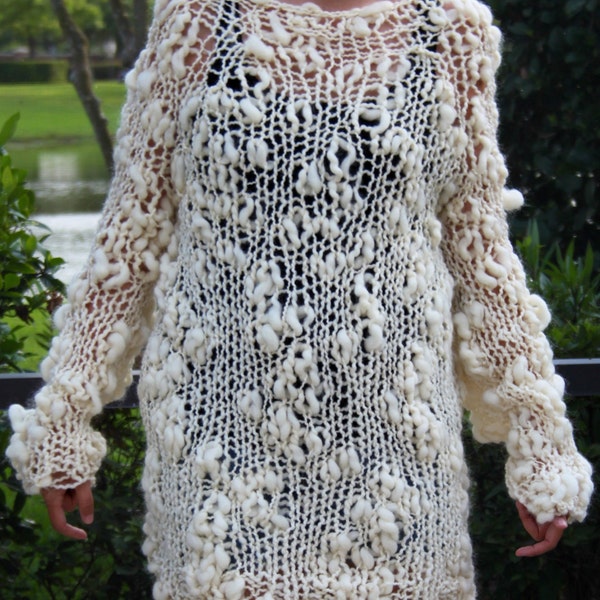 Hand Knit Ivory Bulky Weekend Sweater Tunic in Soft Handspun Wool