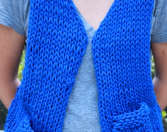 Hand Knit Designer Vest in Bright Blue in super Bulky Wool