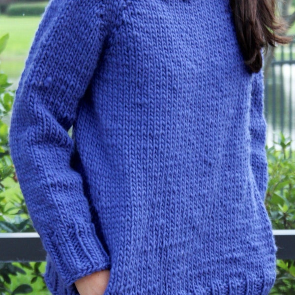 Hand Knit Blue Bulky Weekend Sweater Sweatshirt in Handspun Wool with cute pockets