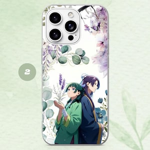 May include: A clear smartphone case featuring an anime-style illustration of two characters standing back-to-back. One character wears a green tunic and holds lavender, while the other wears a dark blue robe. The design includes purple floral accents.