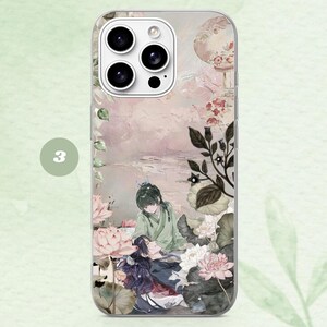 May include: A smartphone case featuring an illustration of two figures in traditional attire surrounded by pink and white lotus flowers and green leaves against a soft, textured pastel pink background. The design includes a circular number 3 icon.