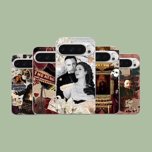 May include: A collection of phone cases featuring collages with imagery from the musical "Phantom of the Opera." The designs include images of the Phantom, the theater, and the word "happiness."