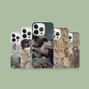 May include: A collection of five phone cases with unique designs. The cases feature various illustrations, including a winter scene, a night sky, a cloudy landscape, and text that reads "THE CRUEL PRINCE". The cases are in a row against a green background.