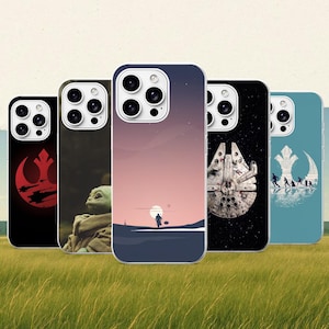 以下が含まれることがあります： スター・ウォーズのデザインが施された5つのスマートフォンケース。1つ目は赤い反乱同盟軍のシンボル、2つ目は緑色の生き物、3つ目は夕日の中の人物のシルエット、4つ目は宇宙船、5つ目は青い反乱軍のロゴが描かれています。