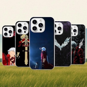May include: Five smartphone cases featuring anime-style character illustrations. The designs include a white-haired figure in a red coat, a large sword, and dark, textured backgrounds with purple and black tones, all displayed in a row.