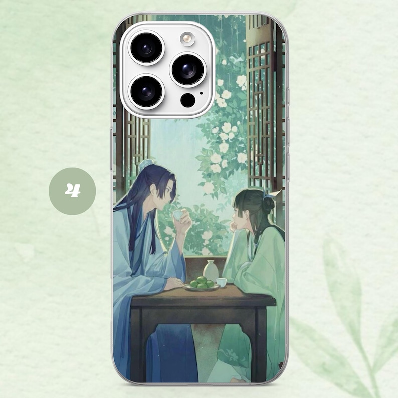 May include: A smartphone case featuring an illustration of two individuals in traditional attire sitting at a wooden table. They are drinking tea in a garden setting with white flowers and wooden window frames visible in the background.