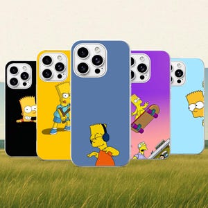 May include: Five smartphone cases featuring Bart Simpson in various poses and colours. The cases are black, yellow, blue, purple, and light blue, each displaying a different graphic of the character with his signature spiky hair and yellow skin.