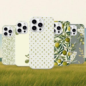 Groene olijf telefoonhoes met botanisch design voor iPhone 18Pro, 17, 17Pro, 16, 15, 13, Samsung S26, S25Ultra, S24, A17, A16, Pixel 11, 10A