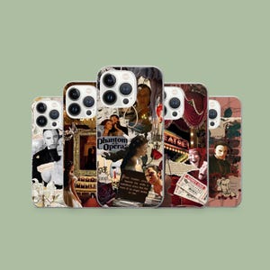 May include: A collection of five phone cases featuring a collage design inspired by the musical "Phantom of the Opera." The cases display images of characters, theater scenes, and the show's logo, in a variety of colors including black, red, and cream.