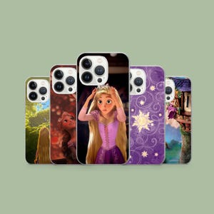May include: Five phone cases with images of a princess with long blonde hair. The cases show various scenes, including a purple case with a sun and star design, and a case with a tower.