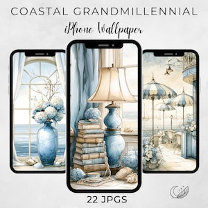 May include: Three smartphone screens displaying digital wallpaper designs titled COASTAL GRANDMILLENNIAL iPhone Wallpaper. The images feature watercolor-style illustrations of blue vases, hydrangeas, stacks of books, lamps, and seaside patio scenes.