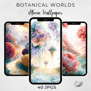 Op de afbeelding: Drie smartphoneschermen met digitale kunst getiteld BOTANICAL WORLDS iPhone Wallpaper. De afbeeldingen tonen levendige bloemenlandschappen met paarse, oranje en roze bloemen, zwevende eilanden en watervallen. Inclusief 40 JPGS.