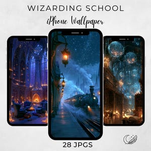 以下が含まれることがあります： WIZARDING SCHOOL iPhone Wallpaper 28 JPGSというタイトルのデジタルアートを表示する3つのスマートフォン画面。画像には、暖炉のある図書館、星空の下の駅にいる蒸気機関車、浮遊するオーブがある図書館が描かれています。