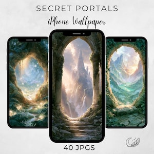 Op de afbeelding: Drie smartphones met digitale achtergrondafbeeldingen van fantasielandschappen gezien door stenen bogen. De tekst luidt SECRET PORTALS iPhone Wallpaper 40 JPGS. De afbeeldingen tonen weelderige groene bossen en rotsachtige bergen.