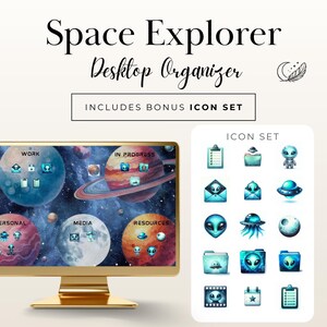 Puede incluir: Un ordenador de sobremesa dorado que muestra un organizador de escritorio con temática espacial con planetas e iconos de extraterrestres. La pantalla muestra categorías como "Trabajo" y "Recursos". Incluye un conjunto de iconos extra con gráficos de extraterrestres y naves espaciales.