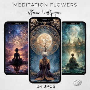 May include: Three iPhone screens displaying digital art wallpapers. The wallpapers feature serene scenes of meditation, with figures in meditative poses. The text "MEDITATION FLOWERS" and "iPhone Wallpaper" are at the top. The bottom text reads "34 JPGs".