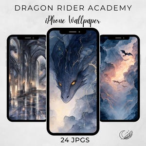 May include: Three smartphones displaying digital artwork titled DRAGON RIDER ACADEMY iPhone Wallpaper. The screens show dark blue dragons, gothic stone architecture, and dragons flying through clouds. The text 24 JPGS is visible at the bottom.