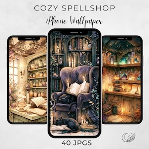 以下が含まれることがあります： COZY SPELLSHOP iPhone Wallpaperと題されたデジタル壁紙デザインを表示する3台のスマートフォン画面。画像には魔法の図書館のインテリア、ポーションボトル、開いた本、黒猫が描かれています。下部に40 JPGSのテキストがあります。
