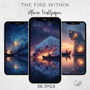 May include: Three iPhone wallpapers featuring fantasy art. One shows a wolf, another a polar bear, and the third a cat. Each image has a person in a boat with a lantern, and the text "THE FIRE WITHIN iPhone Wallpaper" and "36 JPGs".