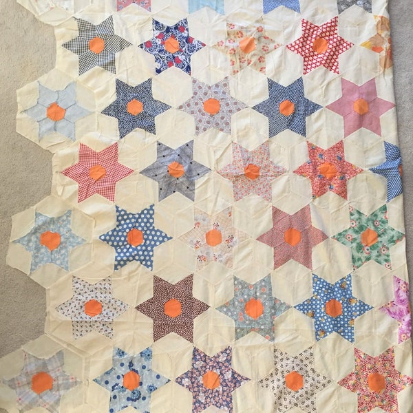 Vintage 'Stars' Quilt Top  ~80 x 91~  Beautiful fabrics  All hand sewn  Great condition